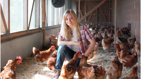 Junge Frau im Hühnerstall Junge Frau im Hühnerstall